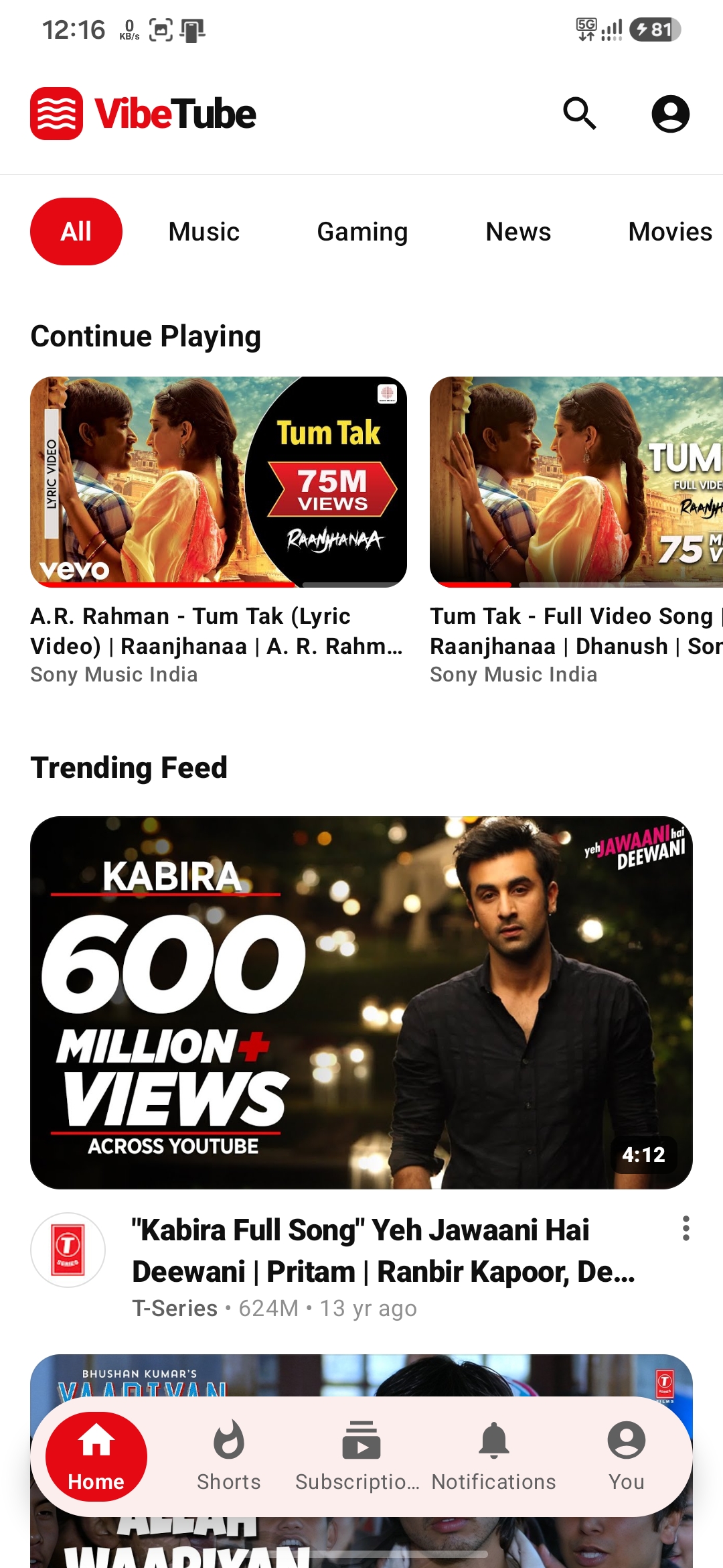 ZyvoTube Home screen
